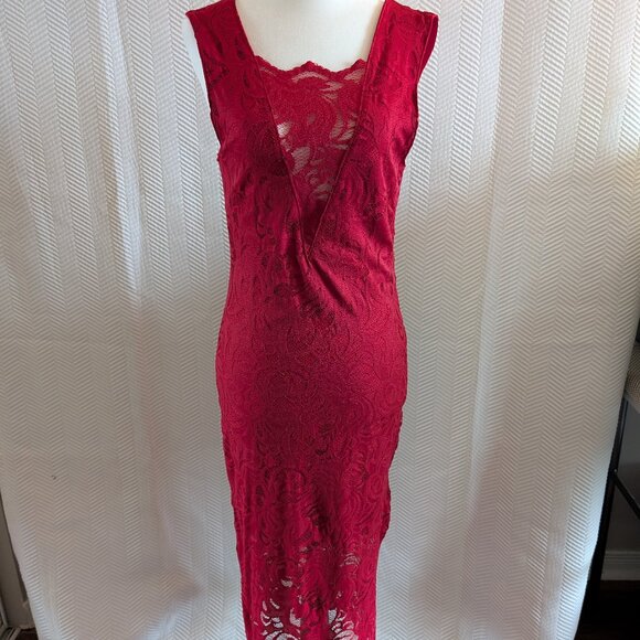 H&M Red Lace Stretch Midi Dress Size 8 Bodycon Wedding Guest Party - Picture 1 of 9